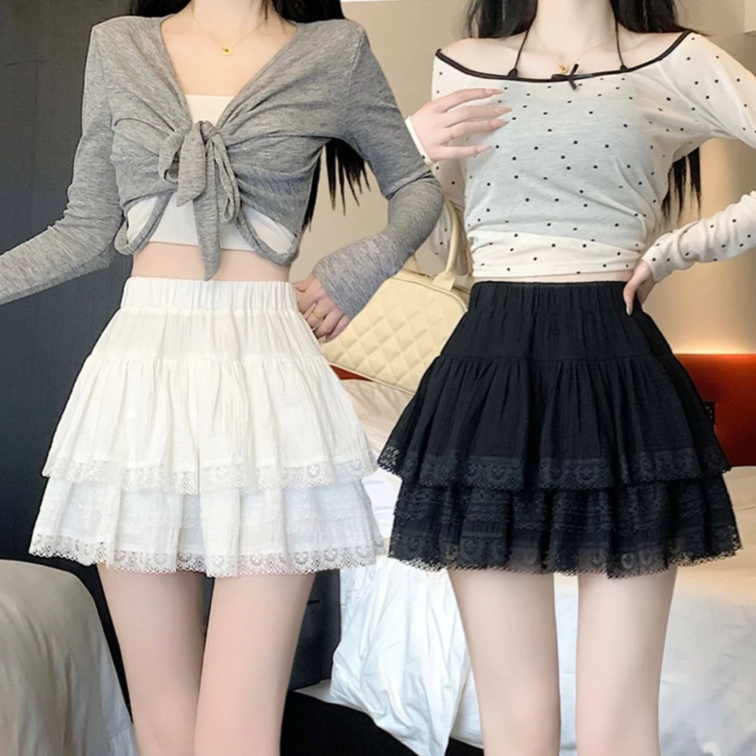 夏季法式白色芭蕾风蓬蓬蛋糕裙女荷叶边高腰显瘦蕾丝a字短裙5512#