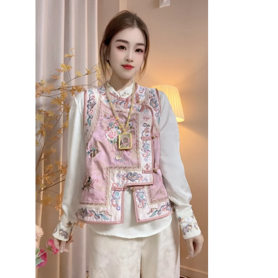 [粉佳人]新中式女装马甲春秋新款格格服马甲圆领重工刺绣国风马夹