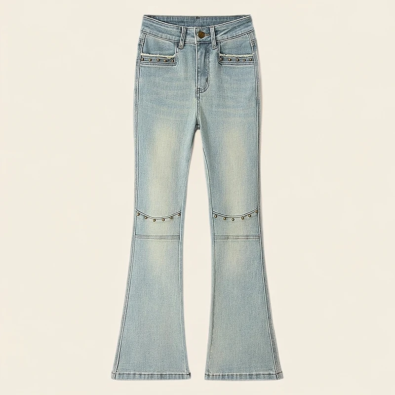 新款复古做旧微喇叭牛仔裤高腰显瘦弹力设计感长裤子女W2607
