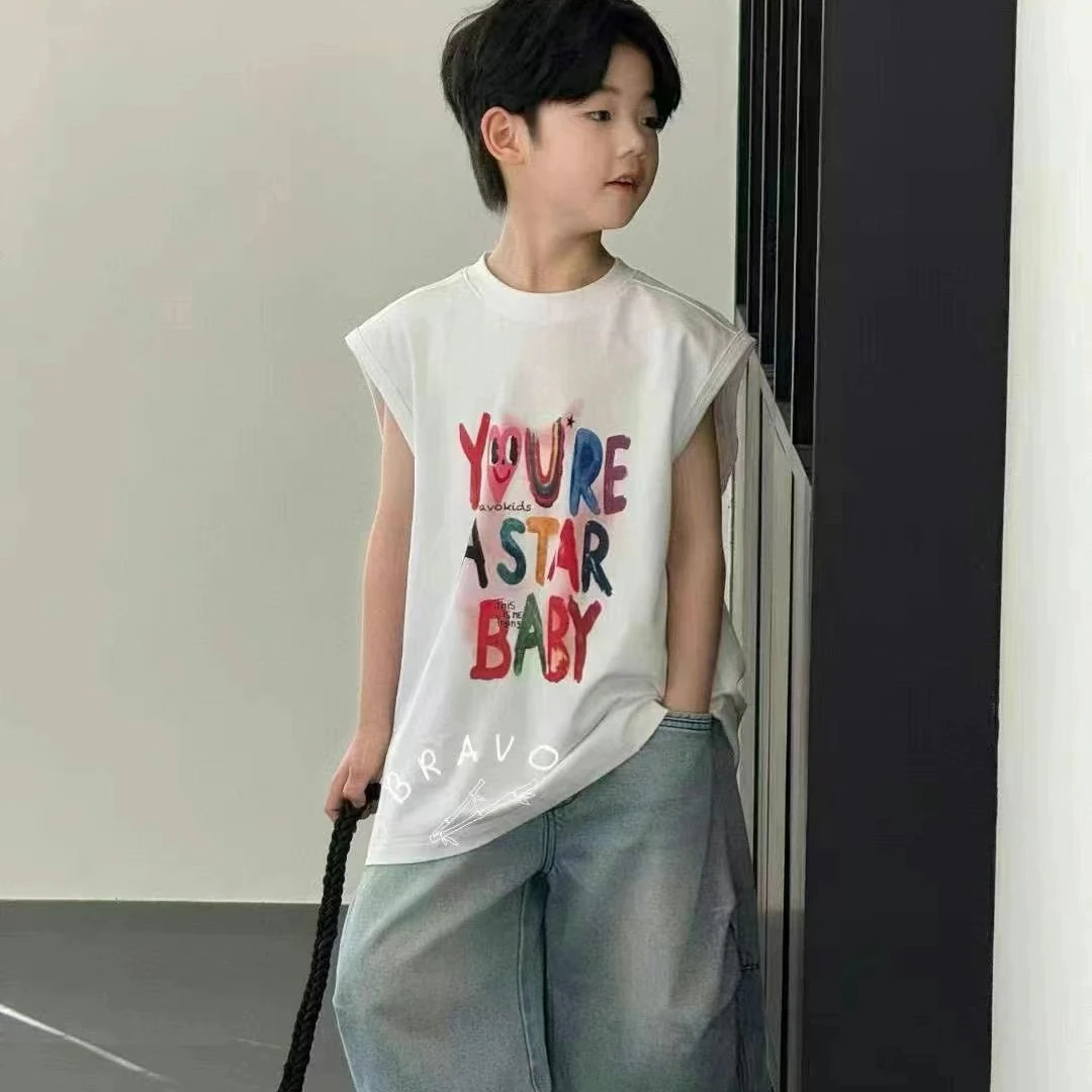 儿童男童手绘涂鸦圆领套头无袖背心中大童韩版短袖T8印花