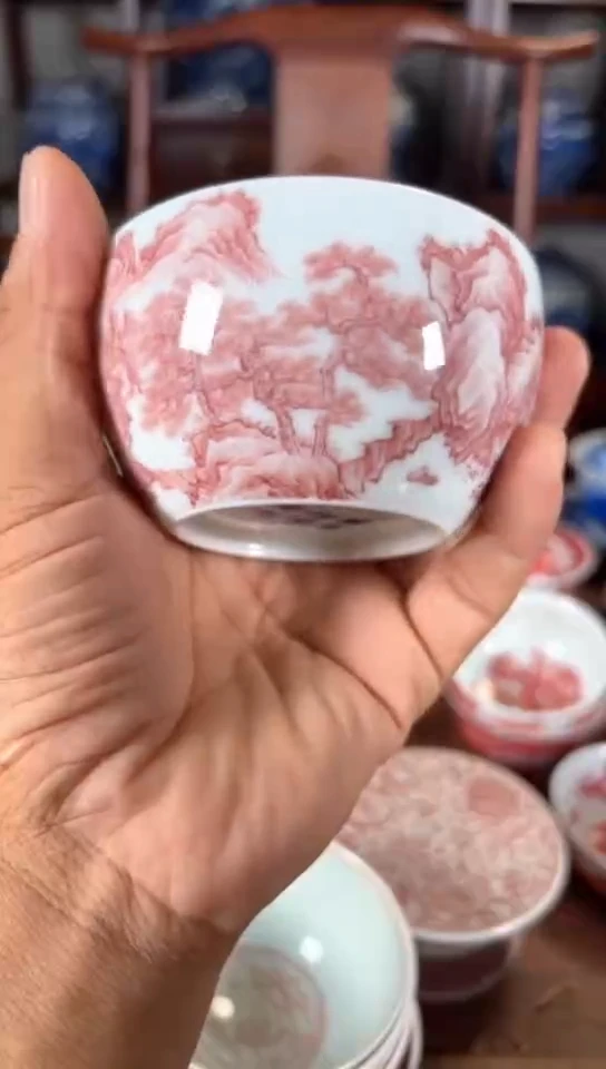 柴窑釉里红山水杯杯