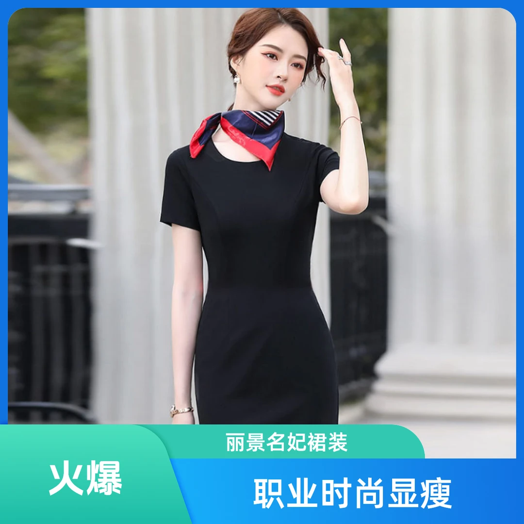 丽景名妃女春秋新款职业装连衣裙子长袖中长款黑色显瘦时尚工作服