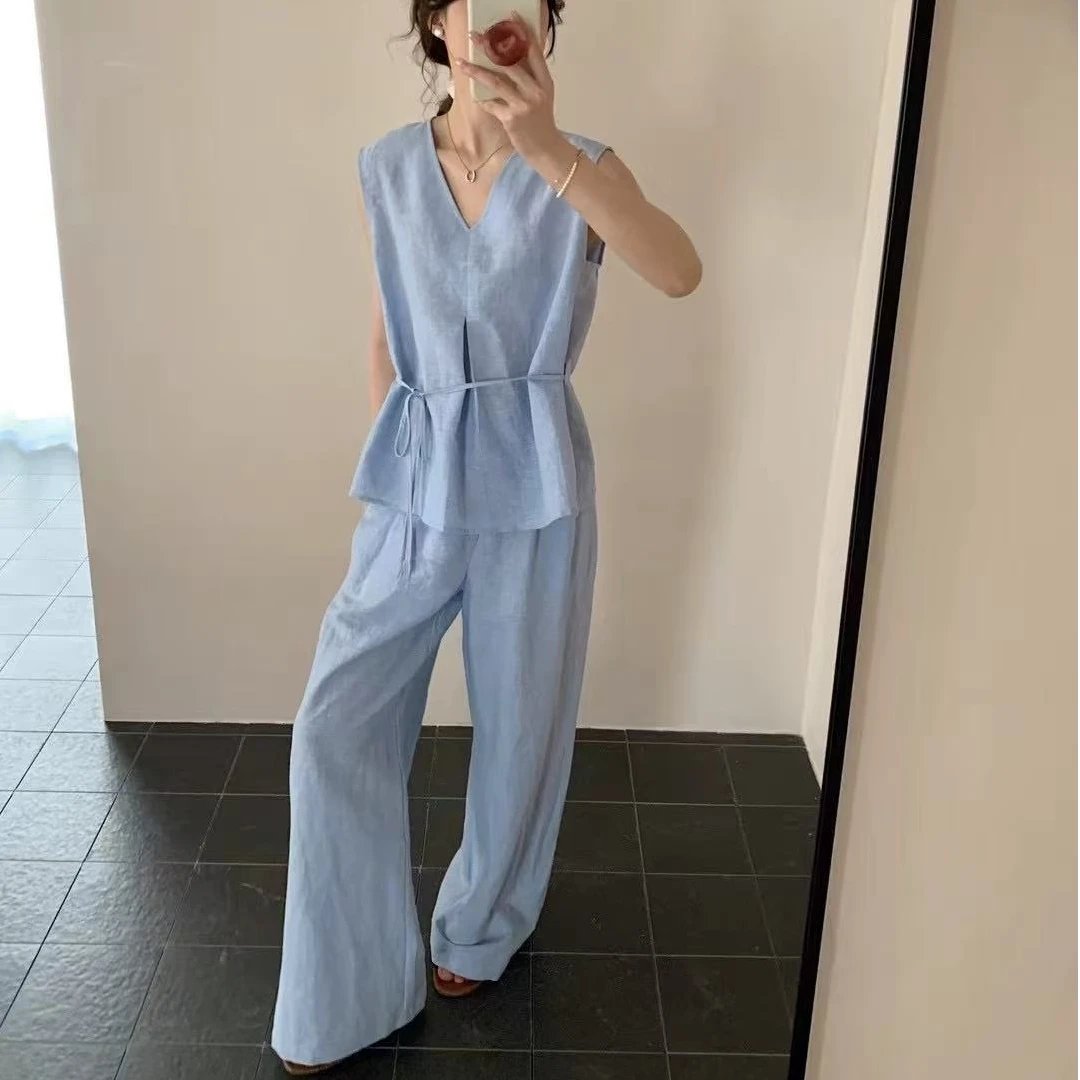珩绣夏季时尚百搭小V领休闲无袖上衣阔腿裤套装女DD-003-2