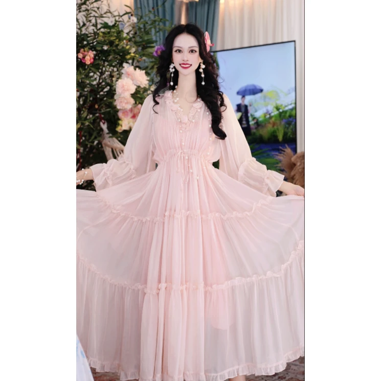 25新款法式设计师夏桑蚕丝气质宽松时尚长款女装连衣裙251D732