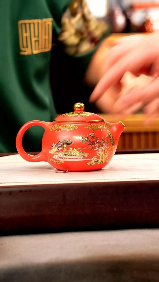 茶壶紫砂玫红朱泥  西施 鸳鸯珐琅彩