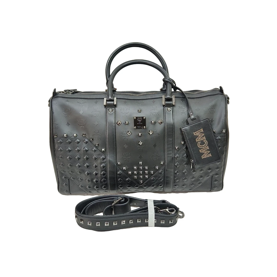 99新 MCM 98新 男包奢侈品 铆钉黑色印花拼皮单肩手提旅行袋/0855
