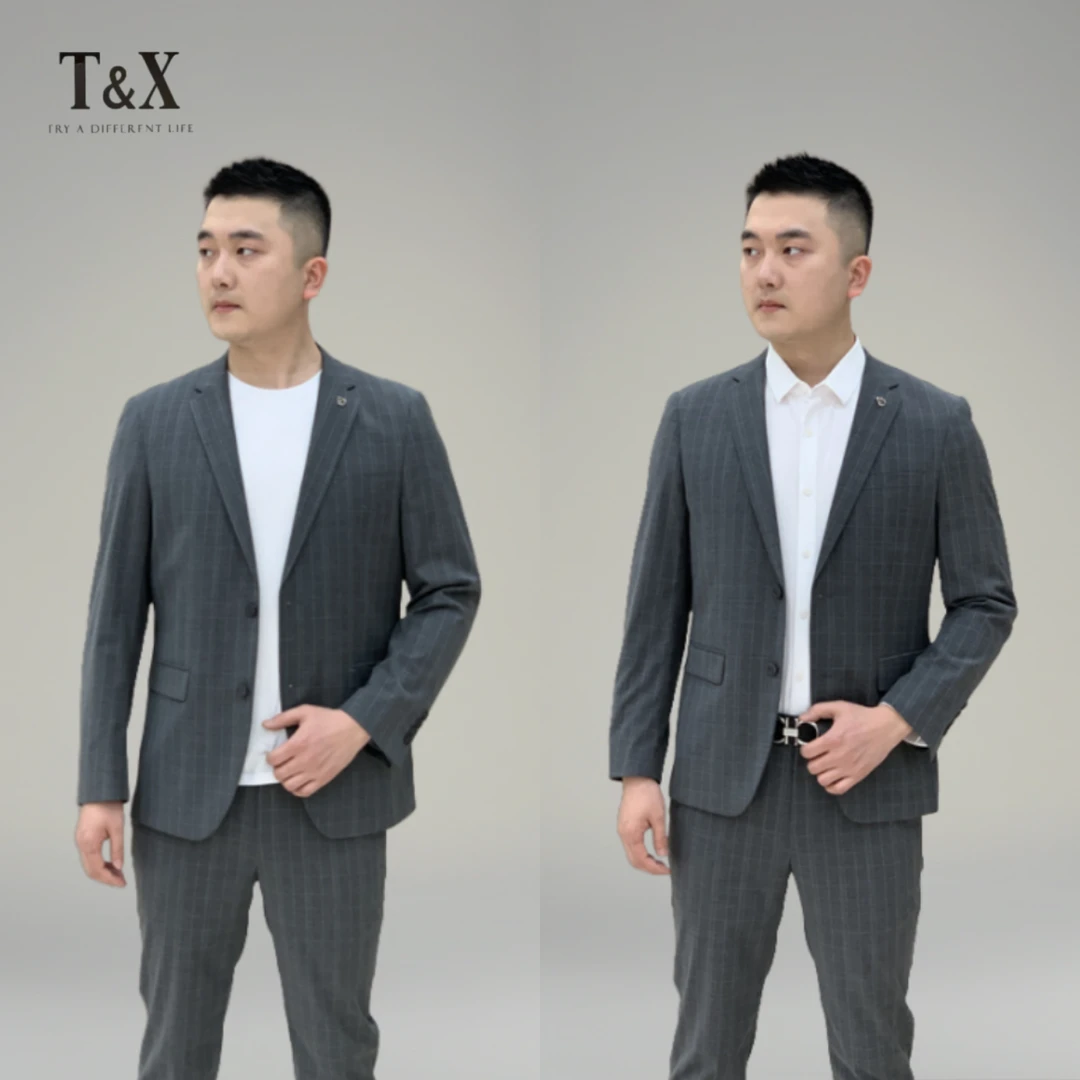 T&X/梯形男士新款格子舒适百搭时尚休闲商务西装套装（0011/0006）