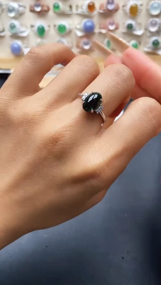 银S925镶嵌戒指翡翠缅甸天然A货翡翠1 3-2