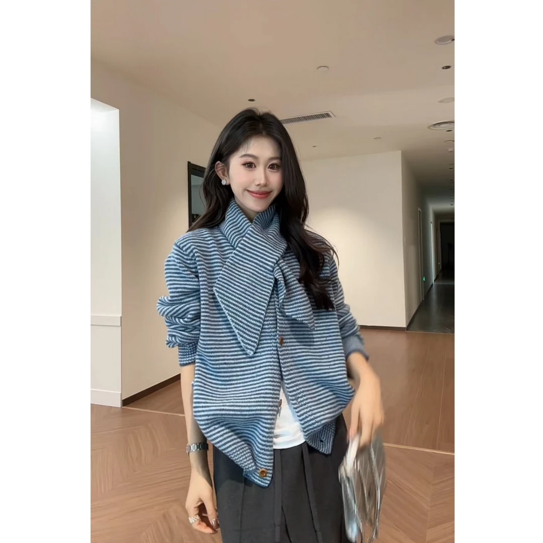 JIUJIU【拾光花海】100%绵羊毛时尚百搭甜设计感条纹秋冬针织衫女
