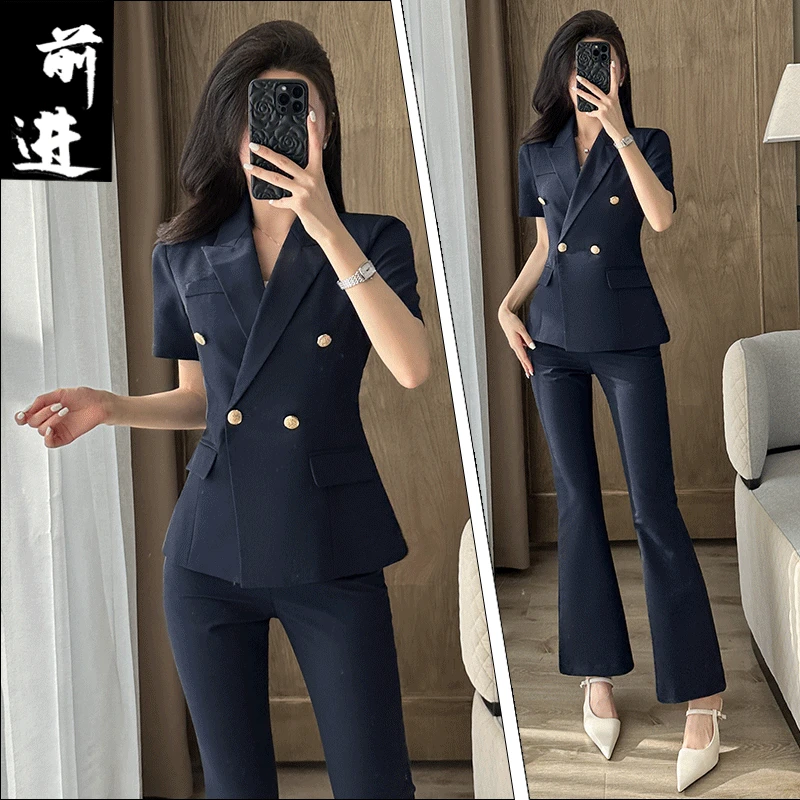 藏青色短袖职业西装套装女夏季薄款韩版气质修身正装西服工作服
