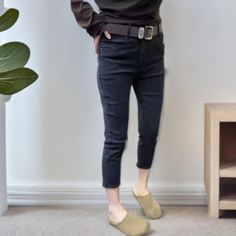 黑色八分烟管牛仔裤女2025秋季新款大码胖mm小个子弹力显瘦直筒裤
