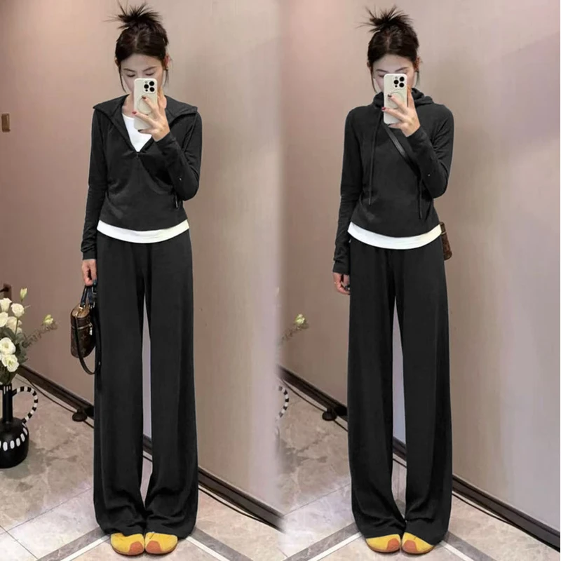 连帽运动套装秋季宽松显瘦半拉链休闲长袖裤子简约日常两件套LBZ