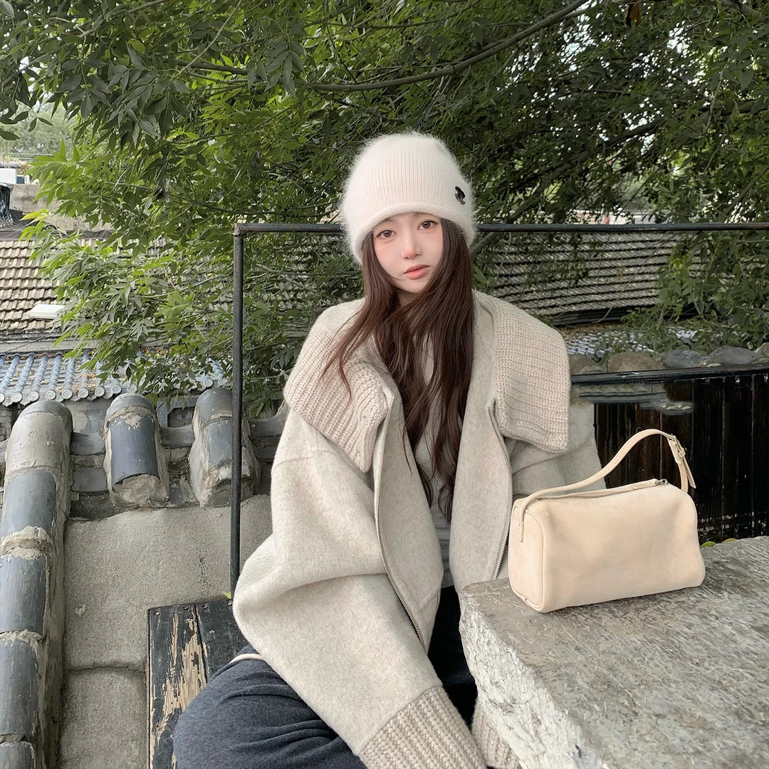 溪溪靓衫 毛呢外套针织连帽松弛廓型双面呢大衣