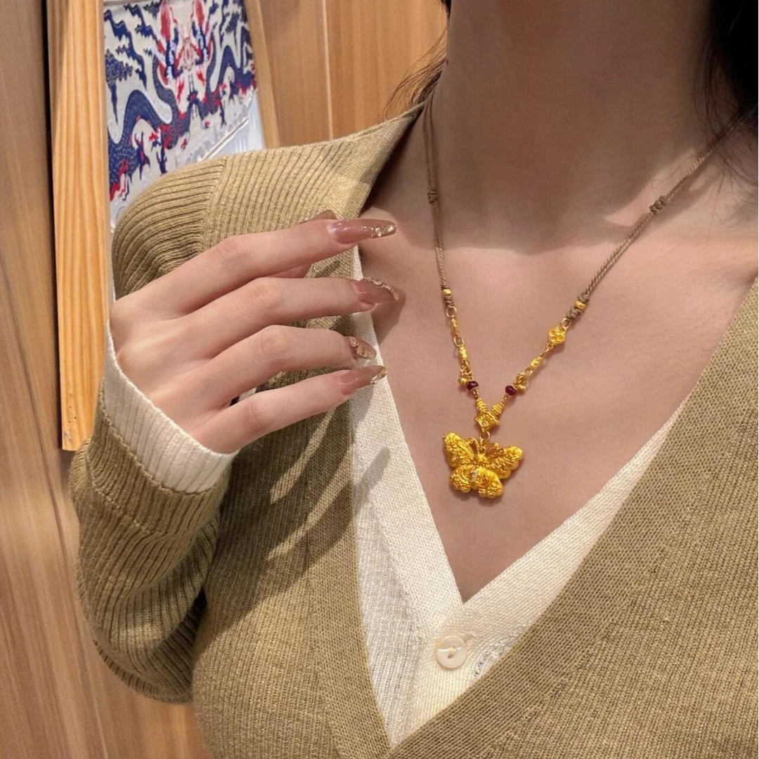 铜合金项链 新款国潮手工錾刻招财优雅蝴蝶项链时尚气质百搭女款