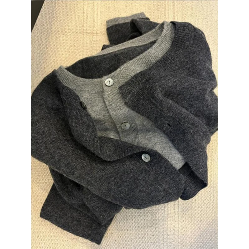 怒推！糯软亲肤！秋冬款深灰色圆领针织开衫女新款宽松外搭毛衣冬季