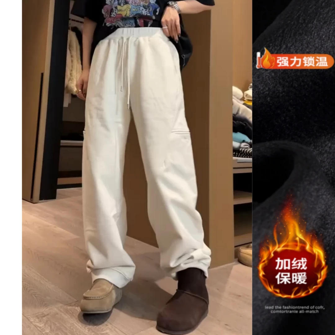 景倩妮时尚设计感加绒休闲卫裤2025年冬季新款高腰显瘦窄版阔腿裤