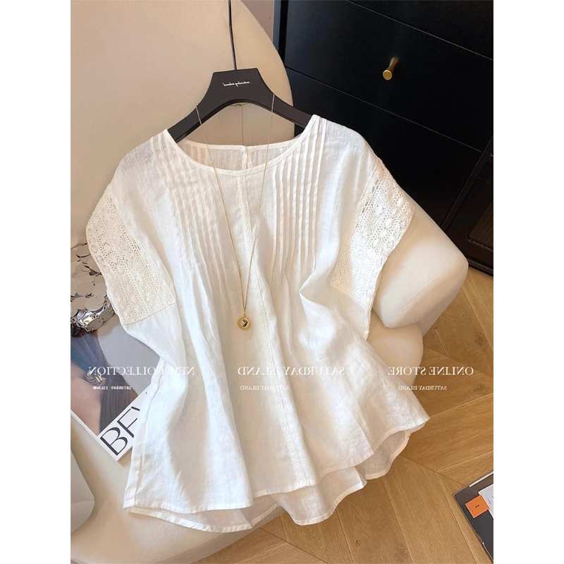 2025夏季新款白色法式蕾丝拼接小飞袖气质衬衫女镂空百搭宽松上衣