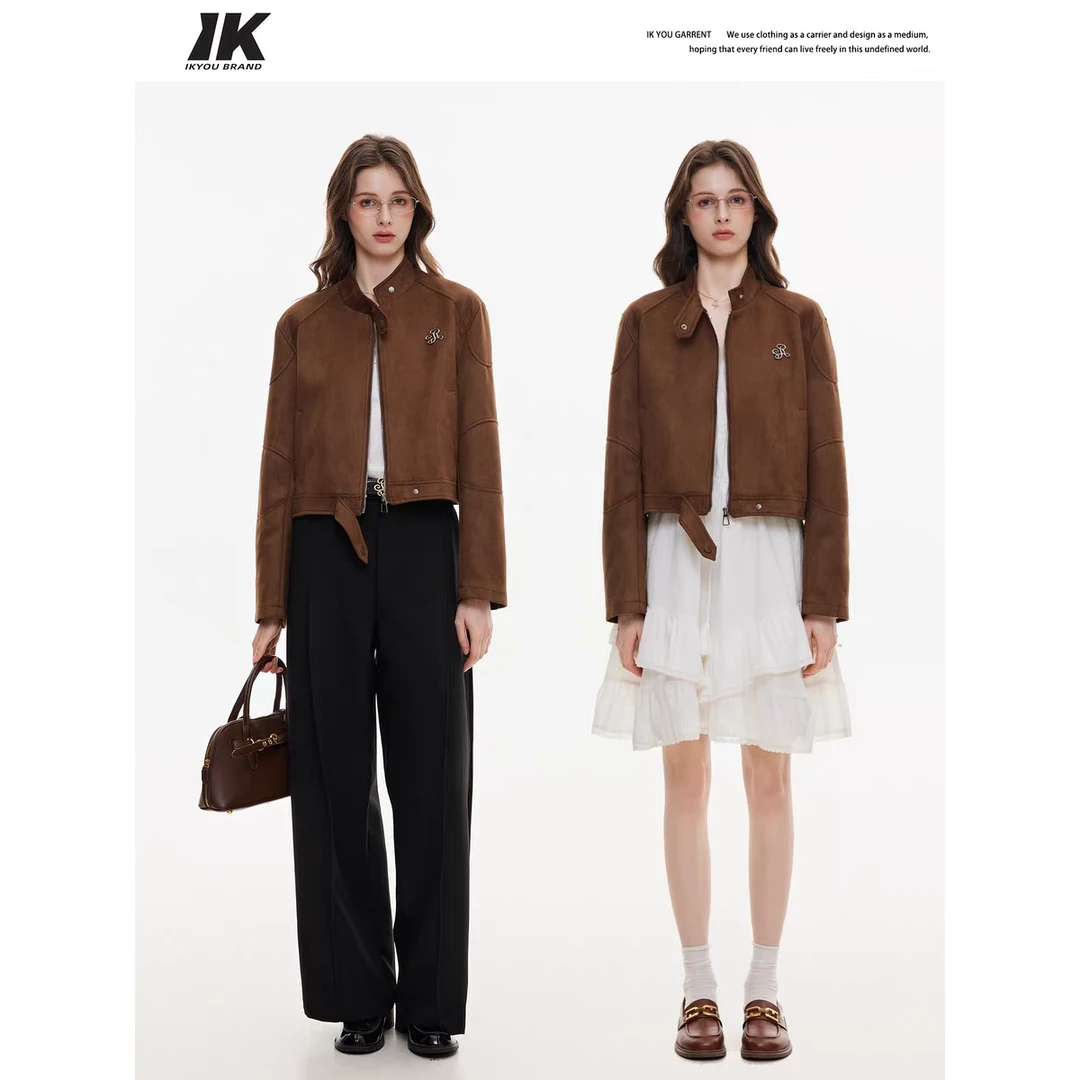 ikyou原创金属标复古麂皮绒外套女春秋新款短款飞行服夹克上衣服