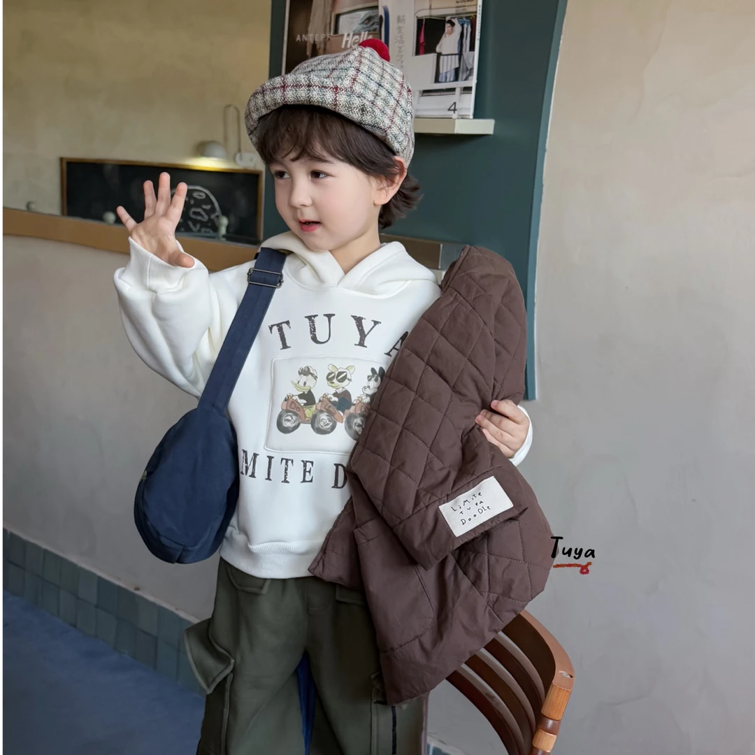 小涂鸦  25 冬季上衣套头加绒加厚男女童秋冬杏色印花卡通卫衣