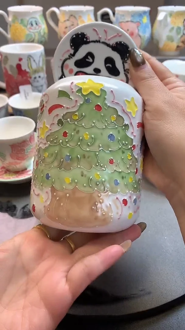 一味*手绘*圣诞熊猫系列吸管杯