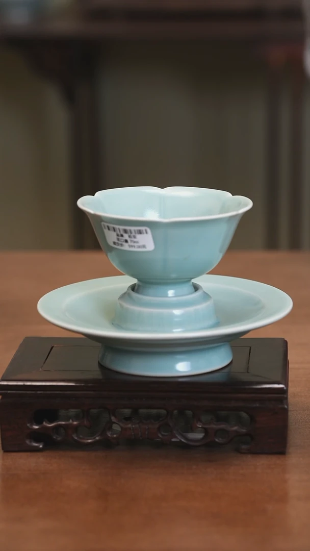 【闪购商品】Y宝丰宋官窑原产地汝瓷花口托盏加高足底托