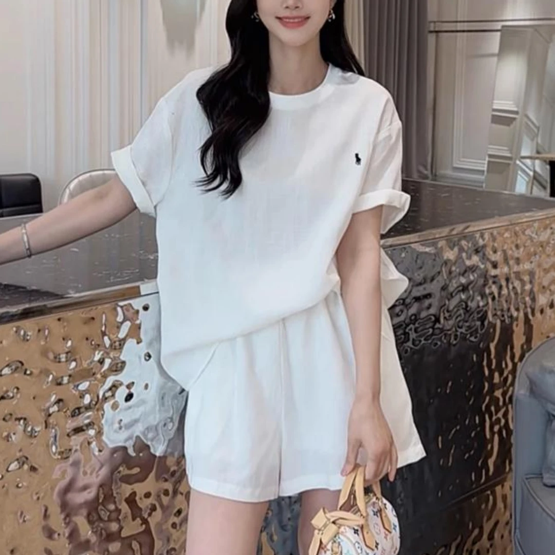 纯棉薄款套装2025夏季新款韩版休闲运动白色T恤短袖短裤两件套ins