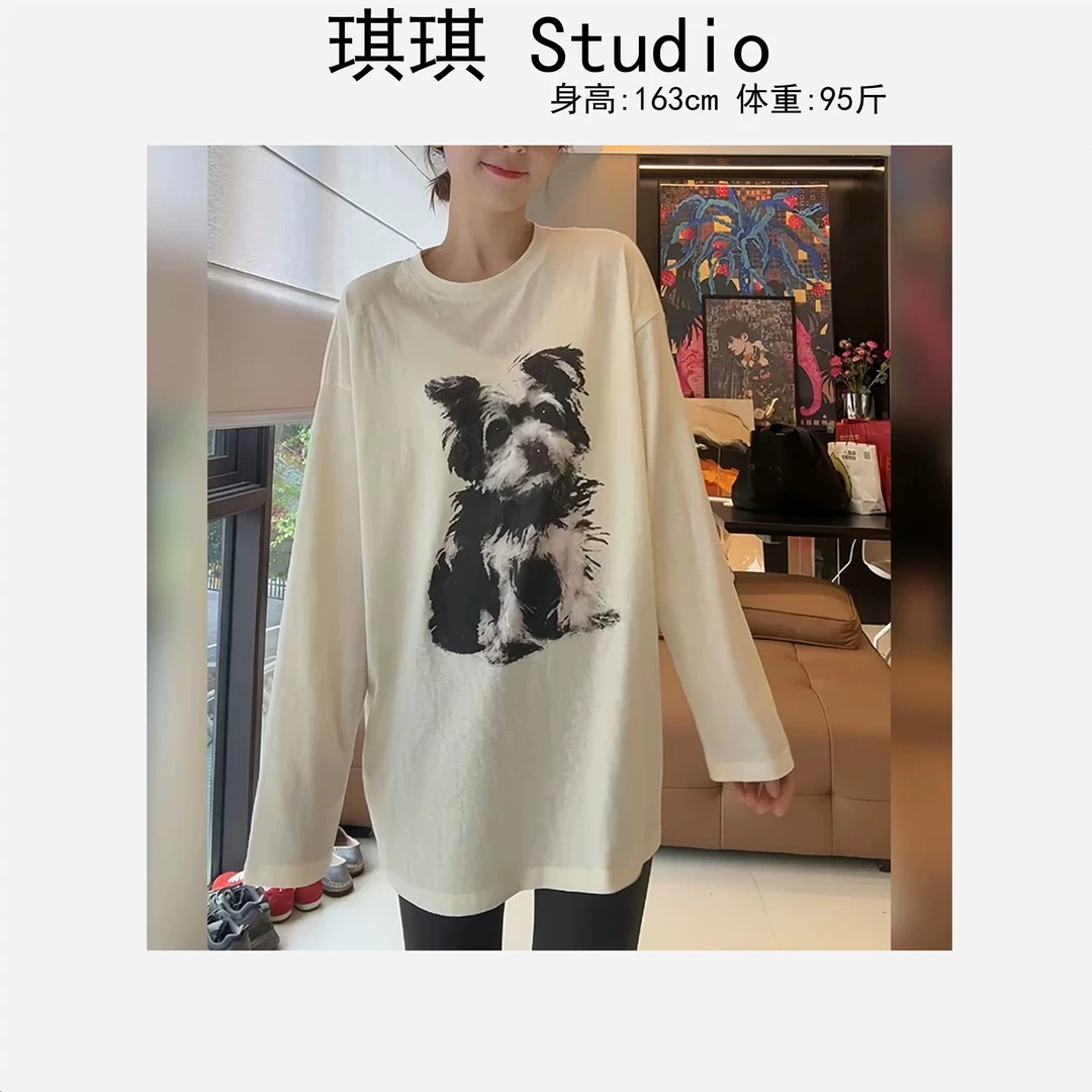 春季新款潮流气质时尚拼色狗狗宽松圆领显瘦减龄百搭上衣6119-C