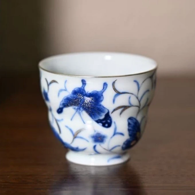 【非遗甄选】青花描银（蝶花飞舞）葫芦杯-赋春0039