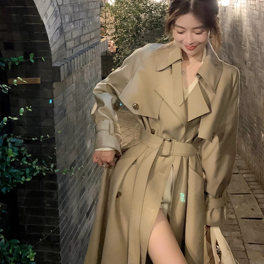 【瑞瑞倾选】中长款卡其色英伦风韩版常规款防泼水双排扣风衣女