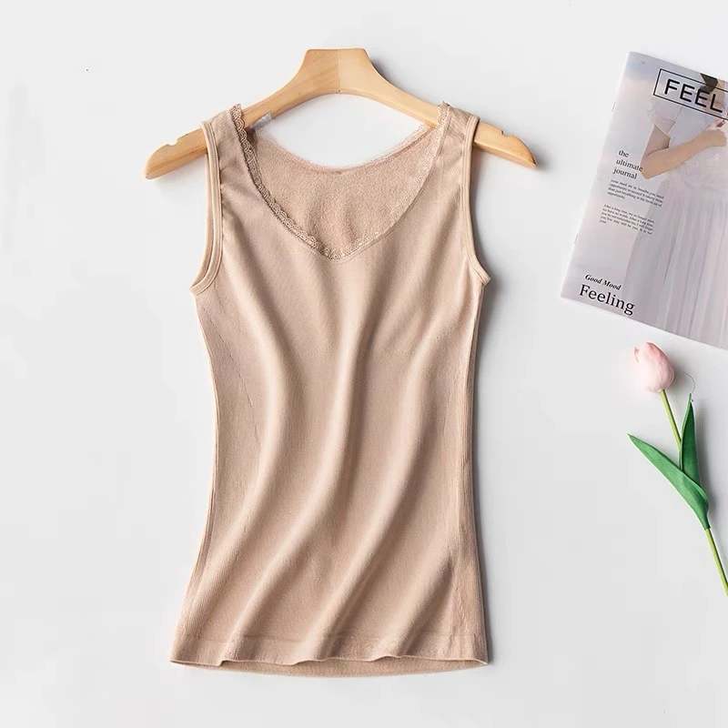 O3-1女士蕾丝海草V领毛圈无胸垫背心