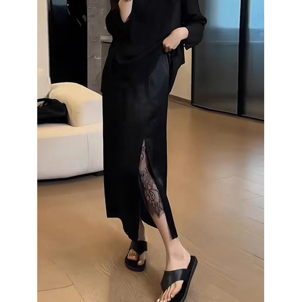直筒裙开叉蕾丝松紧腰显瘦遮肉春秋减龄高级感气质中长款半身裙女