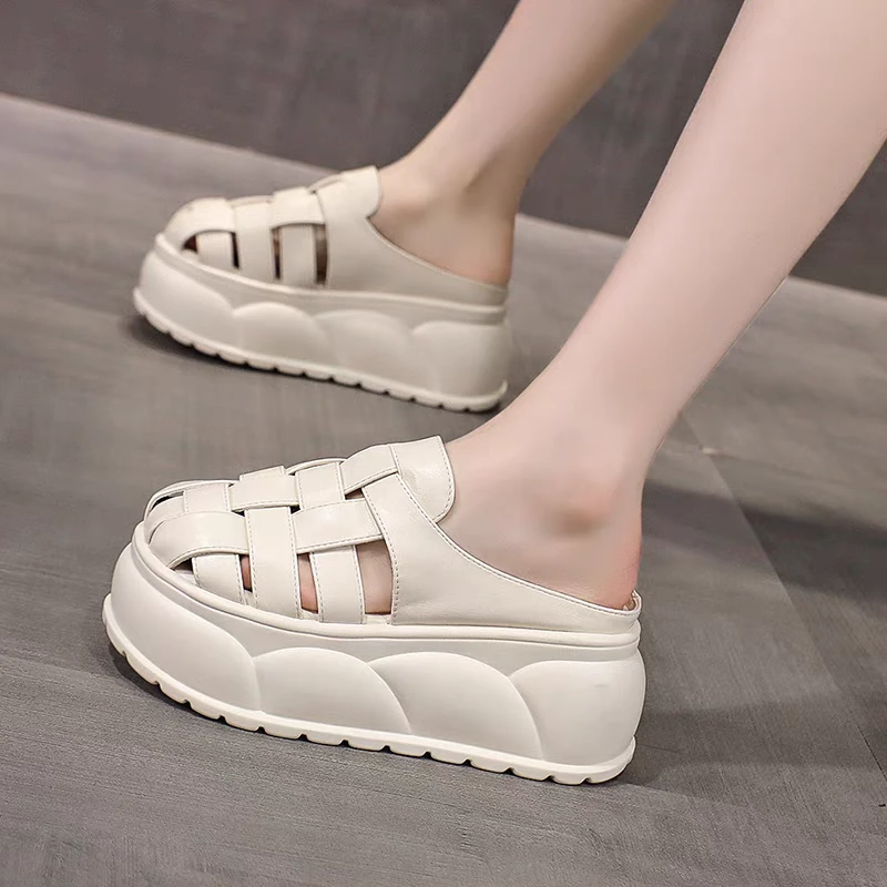 包头半拖鞋女外穿2025夏新款镂空编织凉拖鞋厚底8公分内增高女鞋