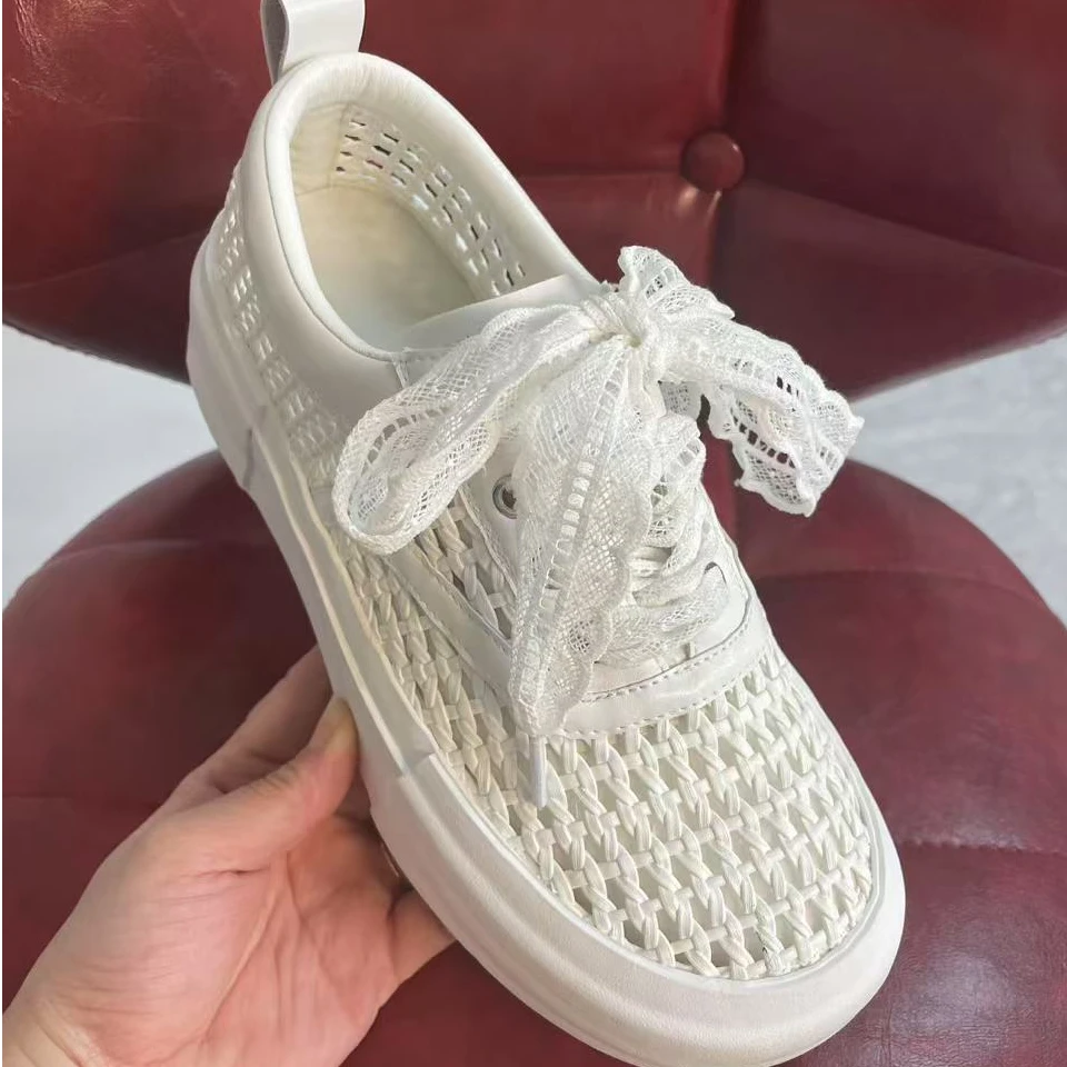 7386法娜微40-43编织夏季大码休闲板鞋蕾丝系带网面透气