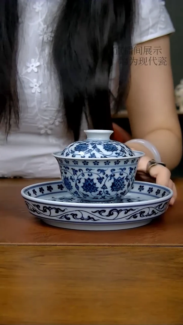 陶瓷森**️仿明缠枝莲双狮两才盖碗（柴窑）293号+缠枝莲壶承