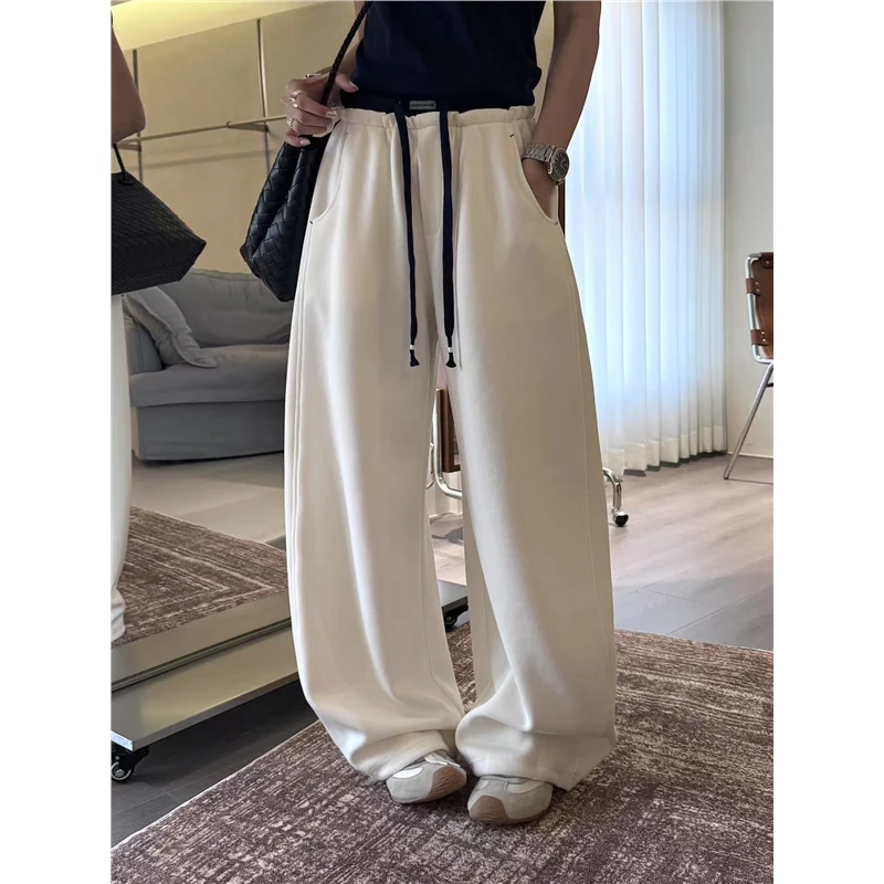 秋季潮牌运动拼色卫裤女抽绳松紧腰双裤头宽松阔腿裤休闲拖地裤