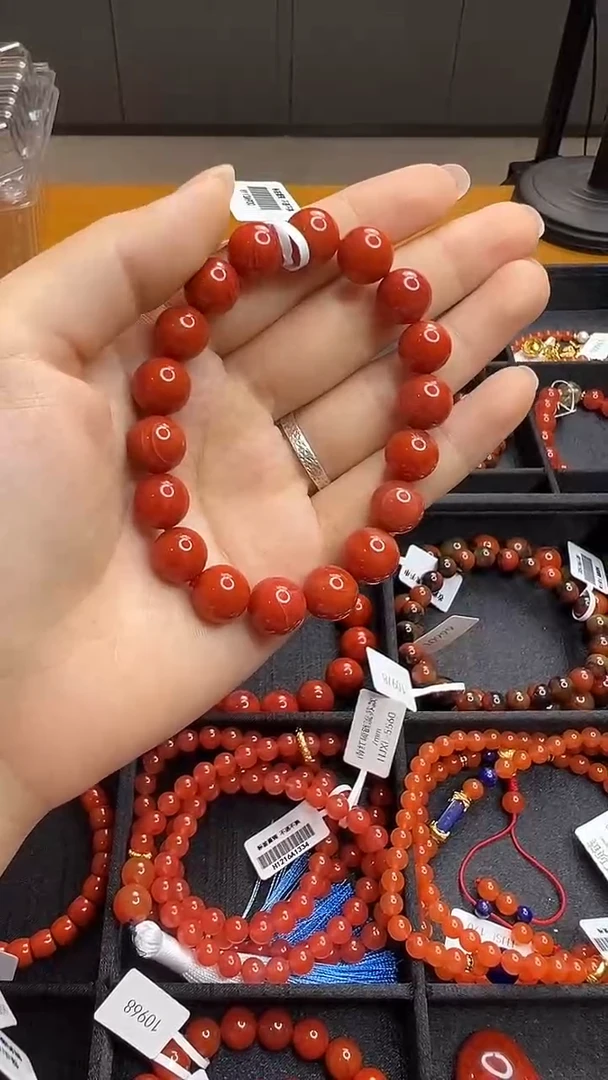 玛瑙/玉髓手串银S925镶嵌南红玛瑙圆珠手串