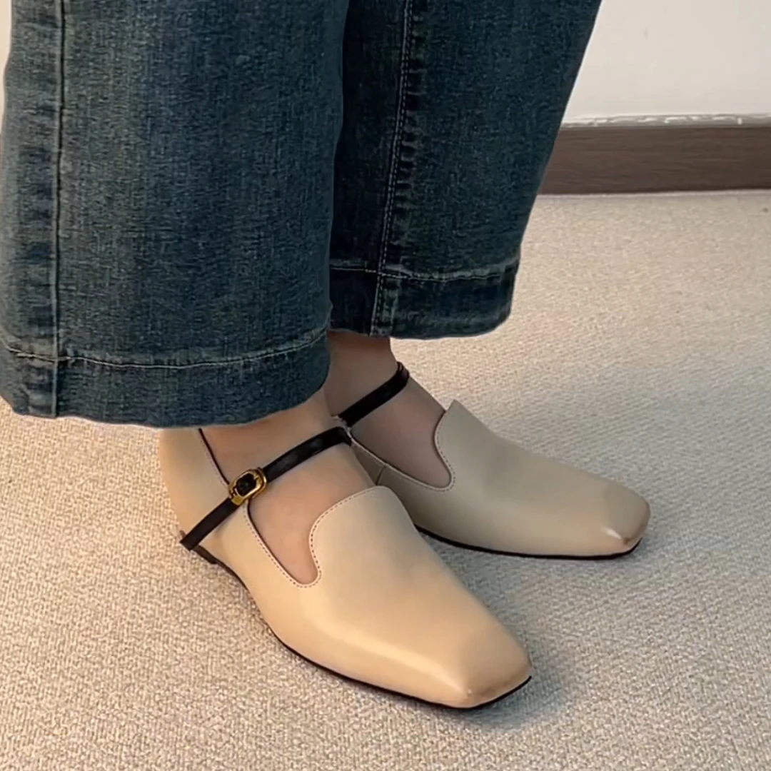 nnmiss·34-39/6cm内增高方头中口一字扣带复古头层牛皮坡跟单鞋