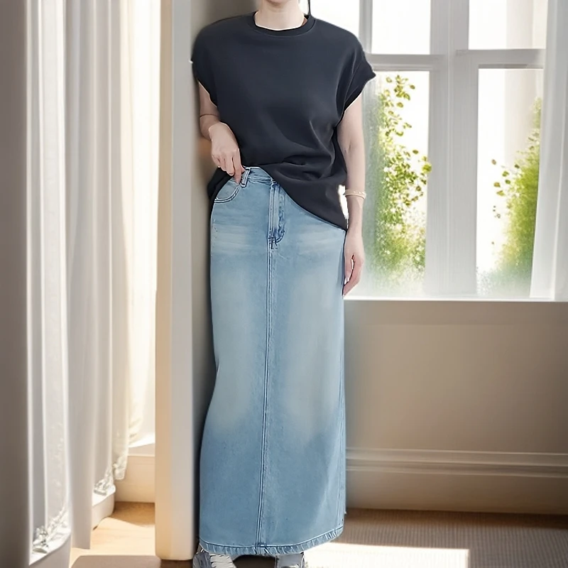 牛仔半裙洗水韩版四季半身裙开叉中长款蓝色高腰气质时尚春夏2508
