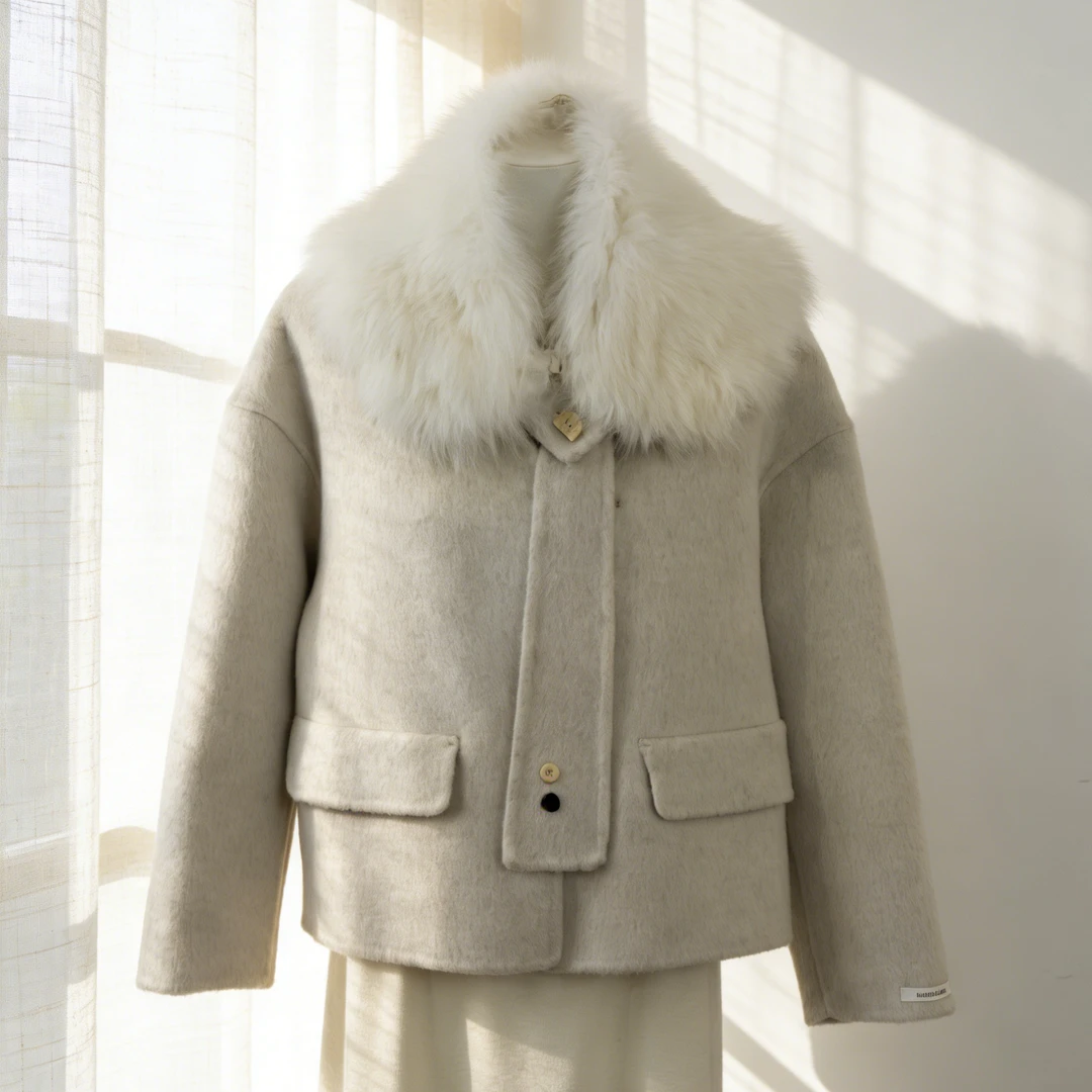 V领修身2025冬季新款双面羊绒短款外套可拆卸狐狸毛领设计师款