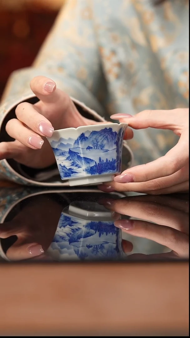 杯看山柴窑青花山水六方