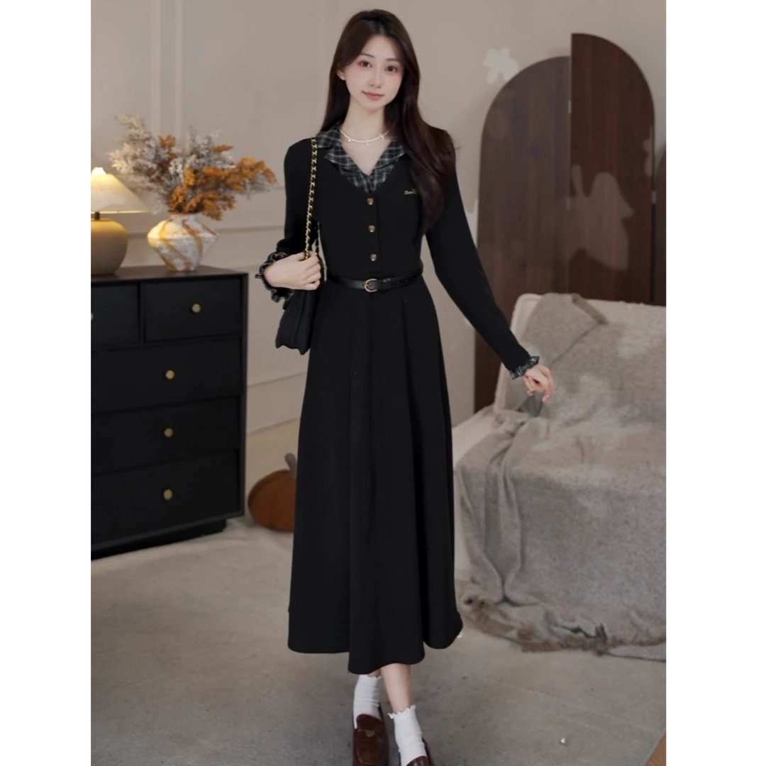 鹿向南「时髦聚焦」法式气质显瘦收腰新款拼接设计感假两件连衣裙