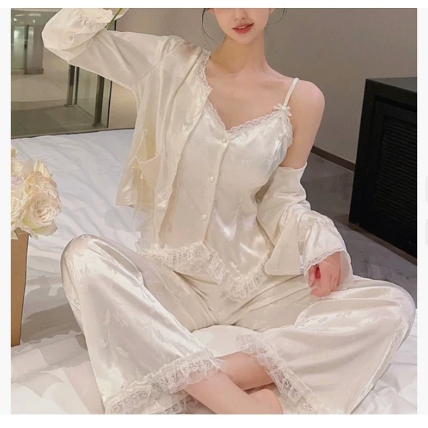 春季新款睡衣女宫廷风冰丝国风吊带长袖长裤法式少女居家服四件套