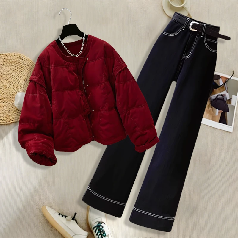 2025冬季新款老钱风红色丝绒棉服保暖外套时髦通勤深色休闲裤套装