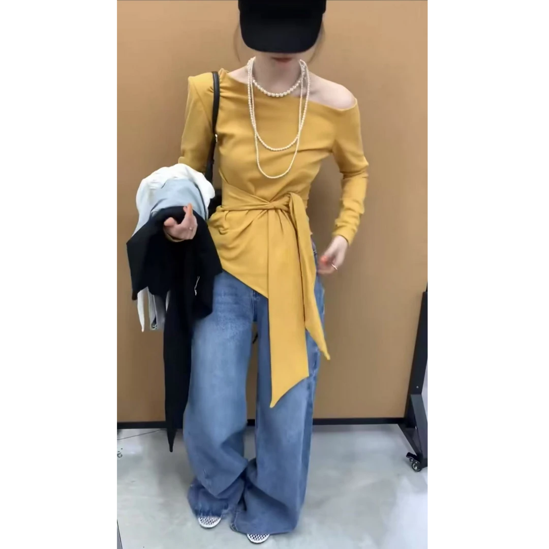 悠悠 春季新款百搭斜肩长袖T恤女修身绑带显瘦上衣