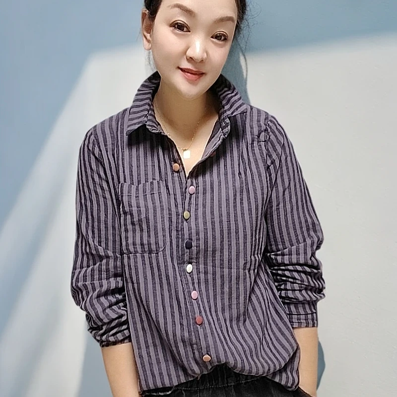 2025条纹衬衫女长袖宽松显瘦设计感小众休闲百搭上衣