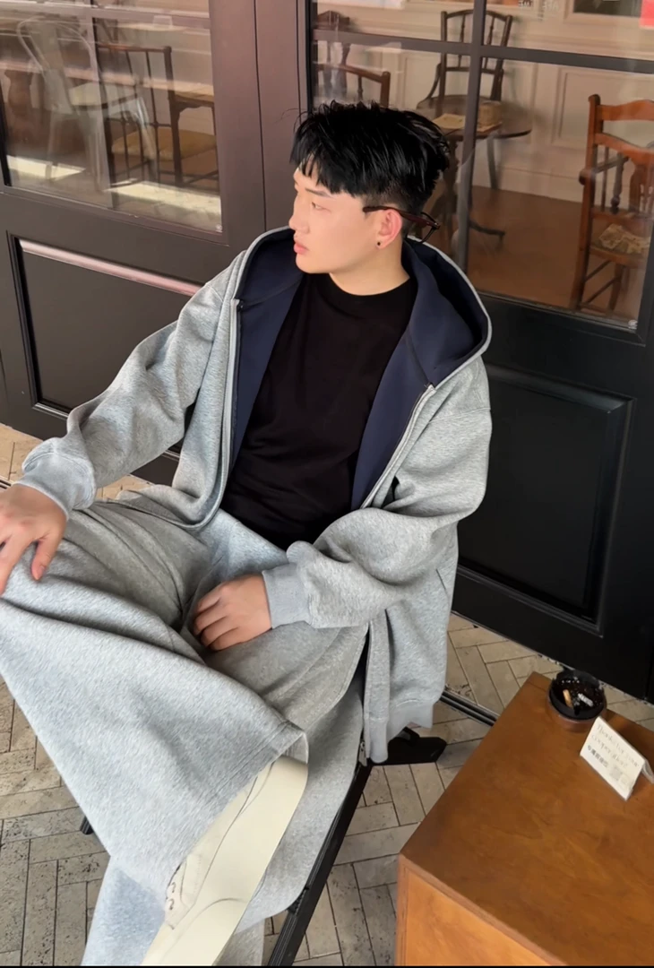 秋季新款外套男慵懒风高级感宽松大码双面拼色重磅开衫连帽卫衣