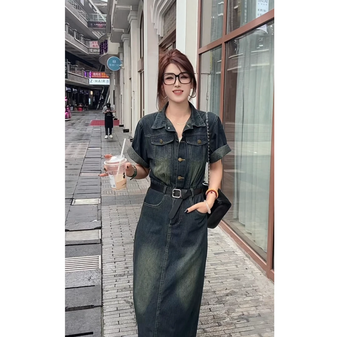 大码港风复古连衣裙女装夏季胖MM遮肚子显瘦裙子高级感a字牛仔裙