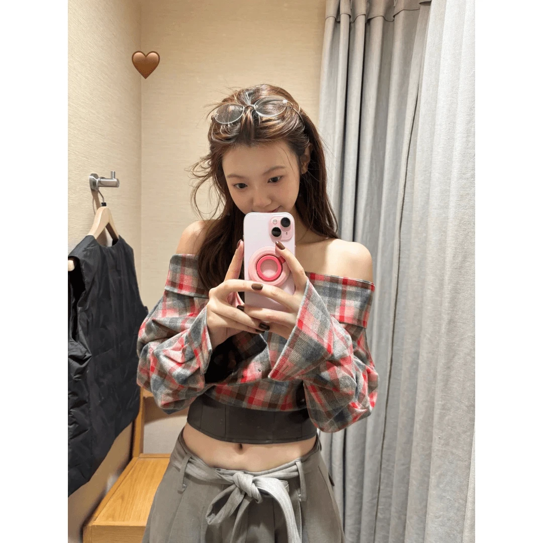 复古格纹拼接小众一字肩纯欲风长袖衬衫女高腰阔腿显瘦休闲裤套装