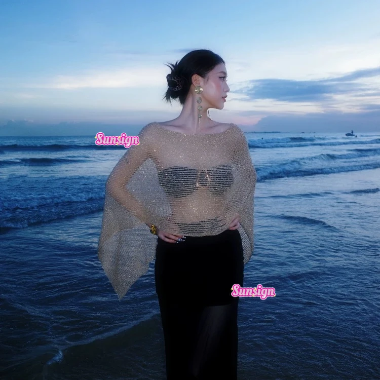 Sun【黑金】泳衣女温泉度假比基尼金色针织罩衫上衣披肩遮肉显瘦