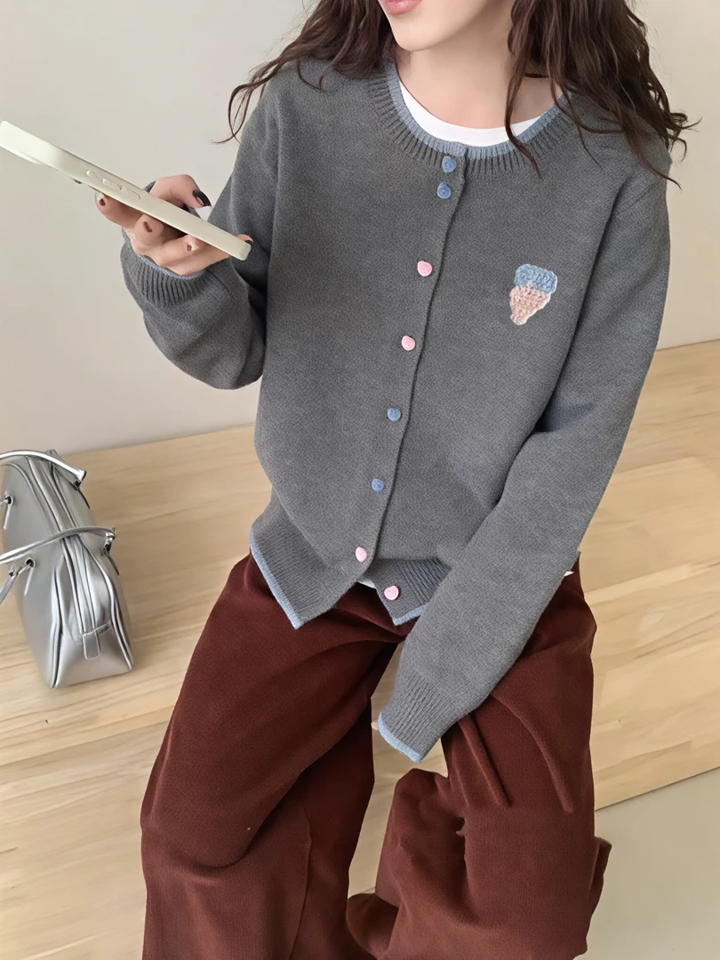 秋冬新款女韩版宽松时尚甜美刺绣针织开衫单排扣百搭休闲毛衣外套